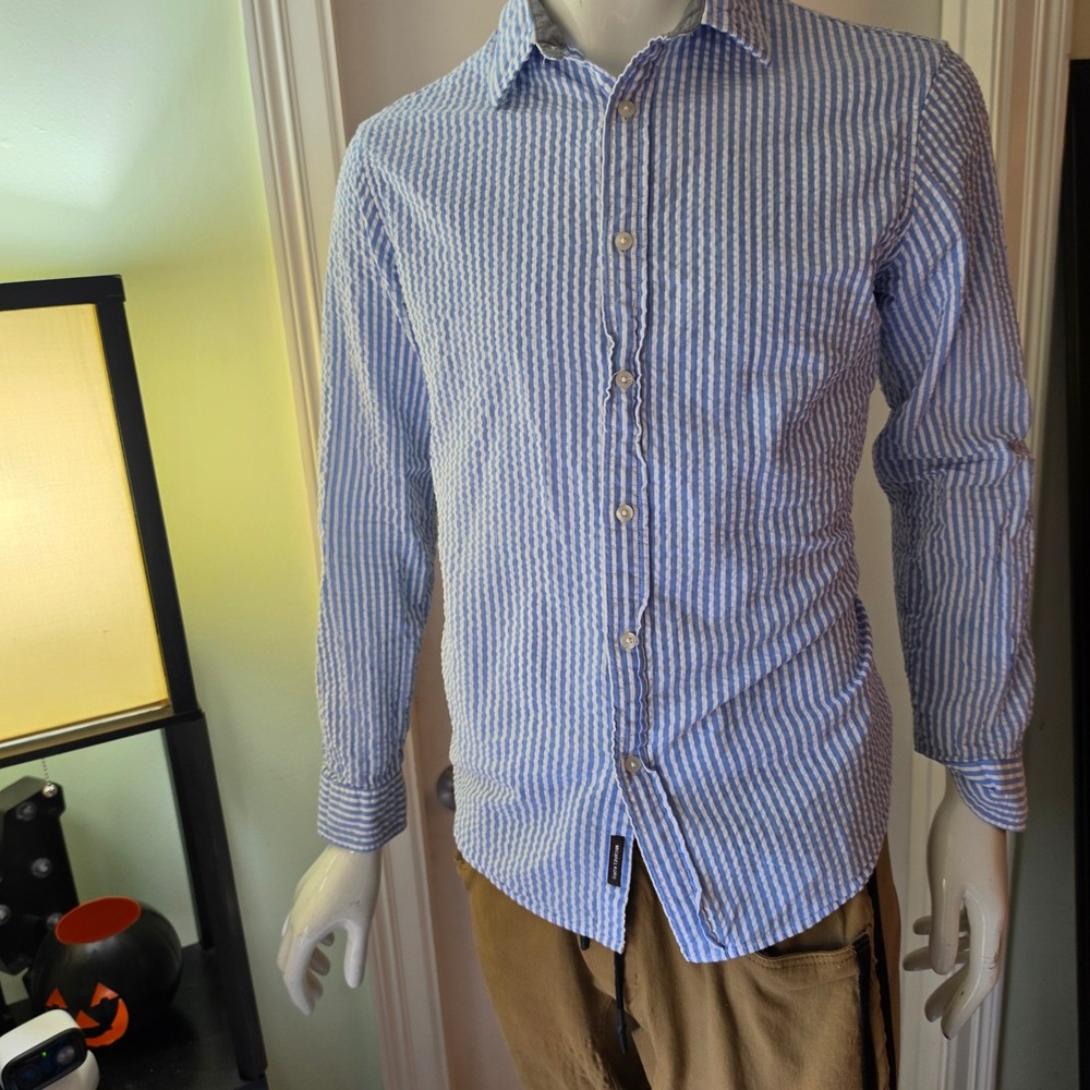 Michael Kors Mens Blue White Seersucker Striped Long Sleeve Button Down Shirt L